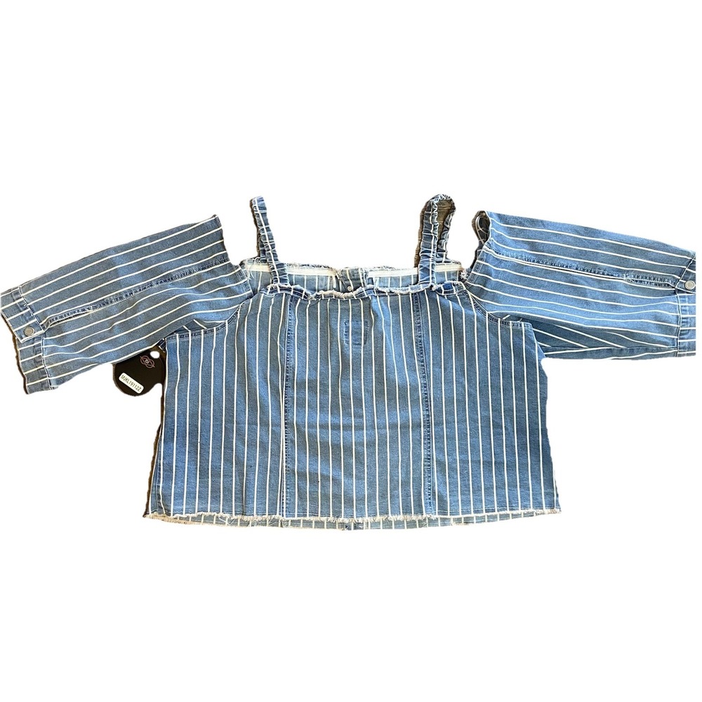 One5One Denim Stripe Cold Shoulder Cropped Top 3X Y2K Revival Western Rodeo Chic - Picture 2 of 13